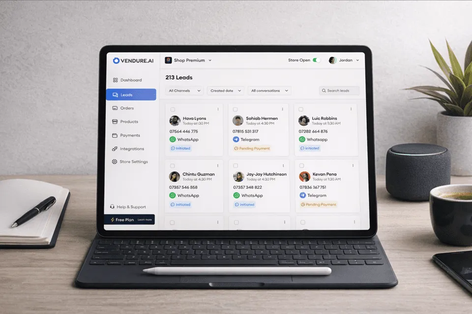 Vendure AI leads dashboard on a tablet, listing WhatsApp and Telegram customer chats