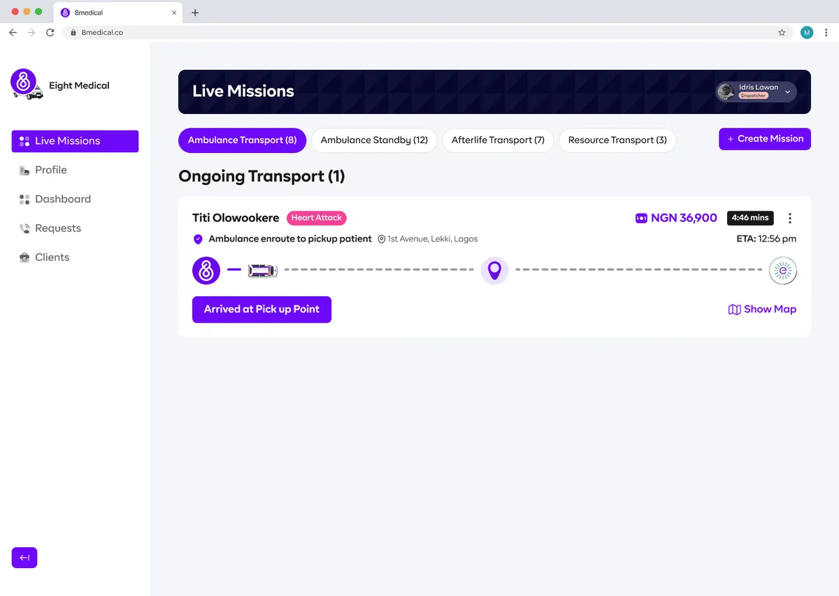 Ambulance provider transport progress screen