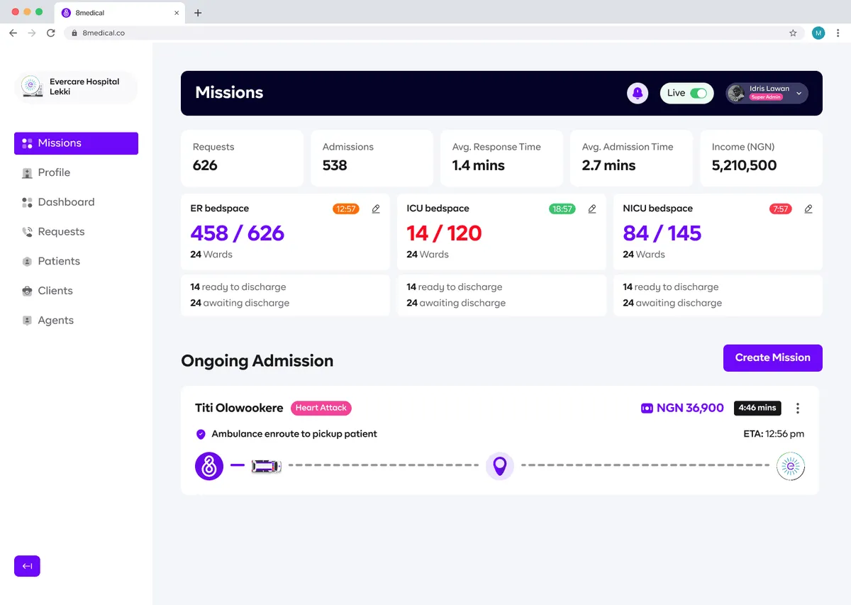 Hospital missions dashboard with live bed counts and an ongoing admission tracker