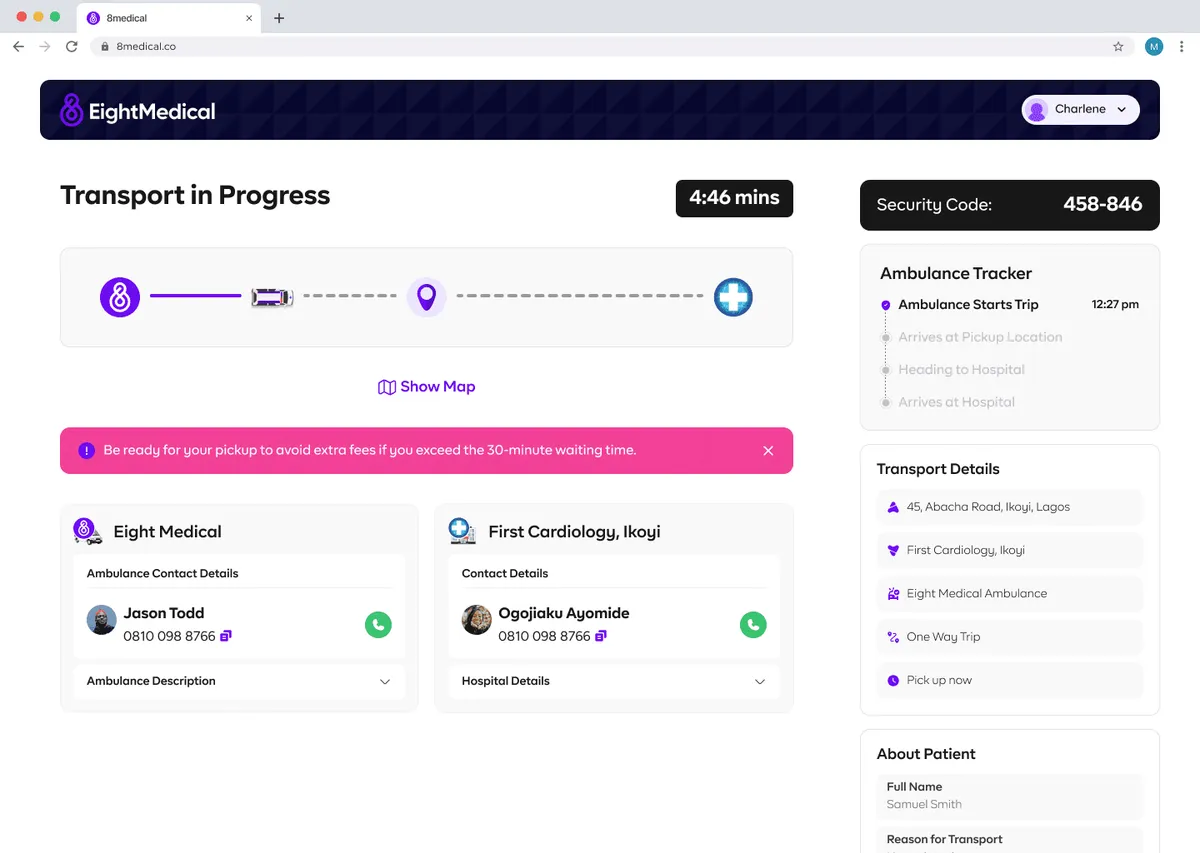 User transport progress screen