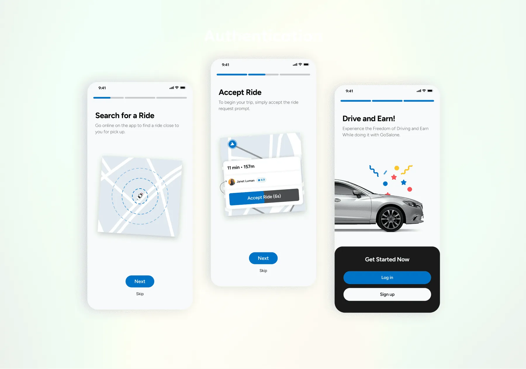 Driver app screens: Search for a Ride, Accept Ride, Drive and Earn