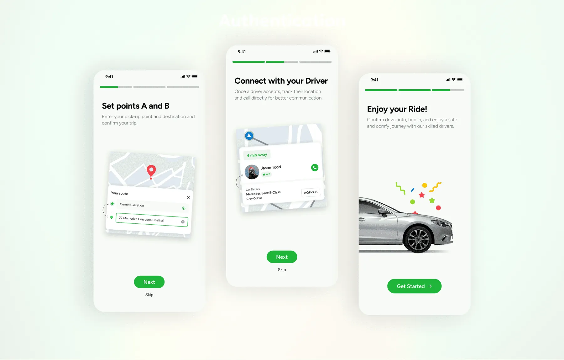 Rider app onboarding screens: Set points A and B, Connect with your Driver, Enjoy your Ride