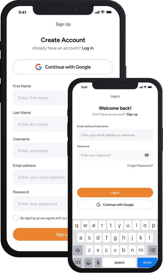 Sign-up and login screens