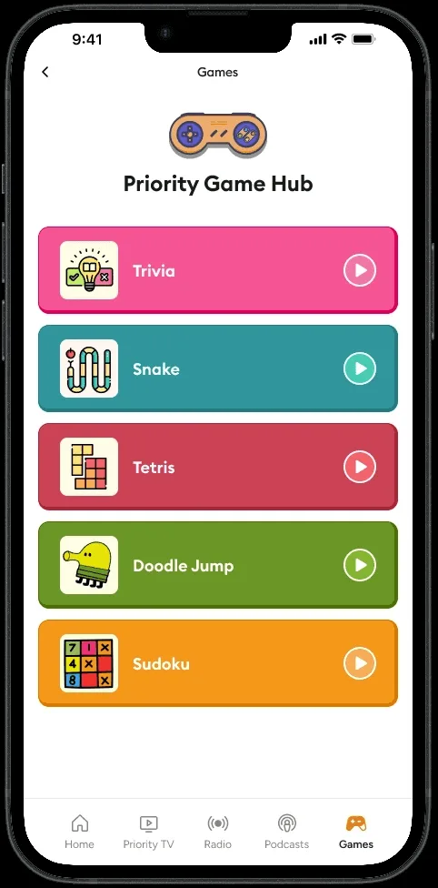 Priority Game Hub screen