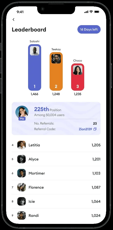 Referral leaderboard screen
