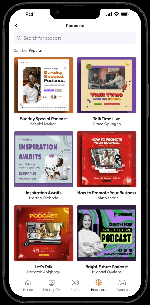 Podcasts screen