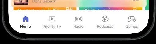 After: the redesigned navigation bar with Home, Priority TV, Radio, Podcasts and Games