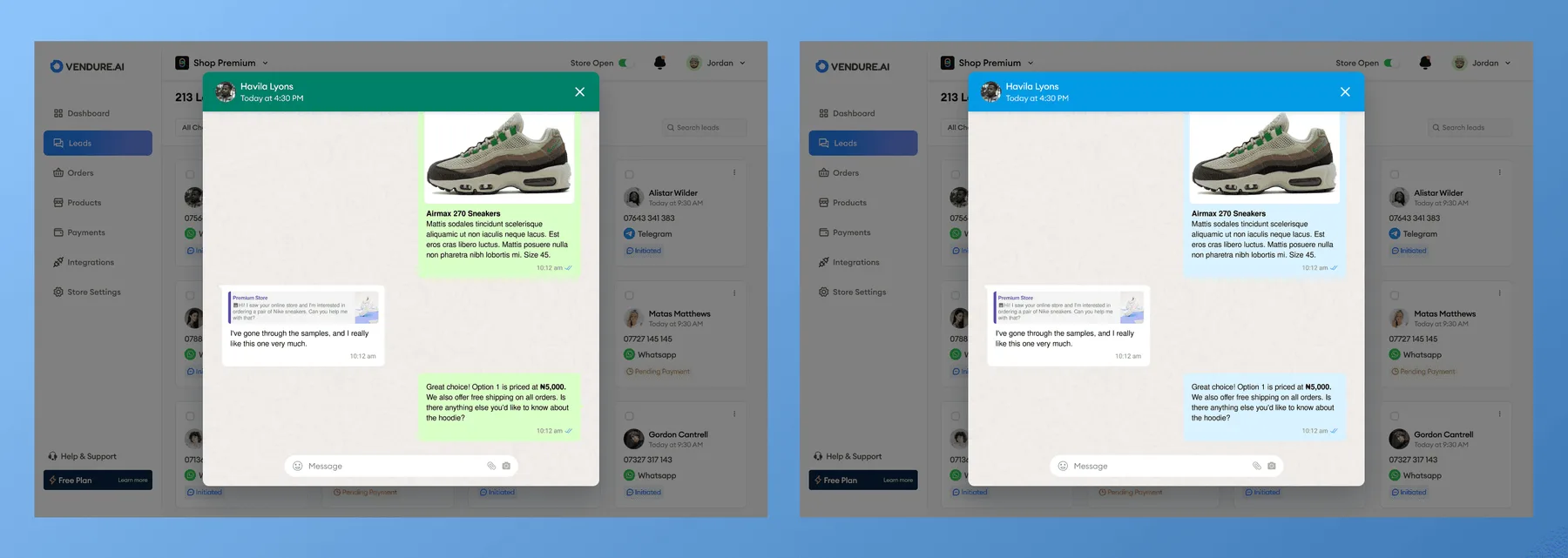 Two conversation screens where the AI recommends a sneaker and moves the customer toward an order