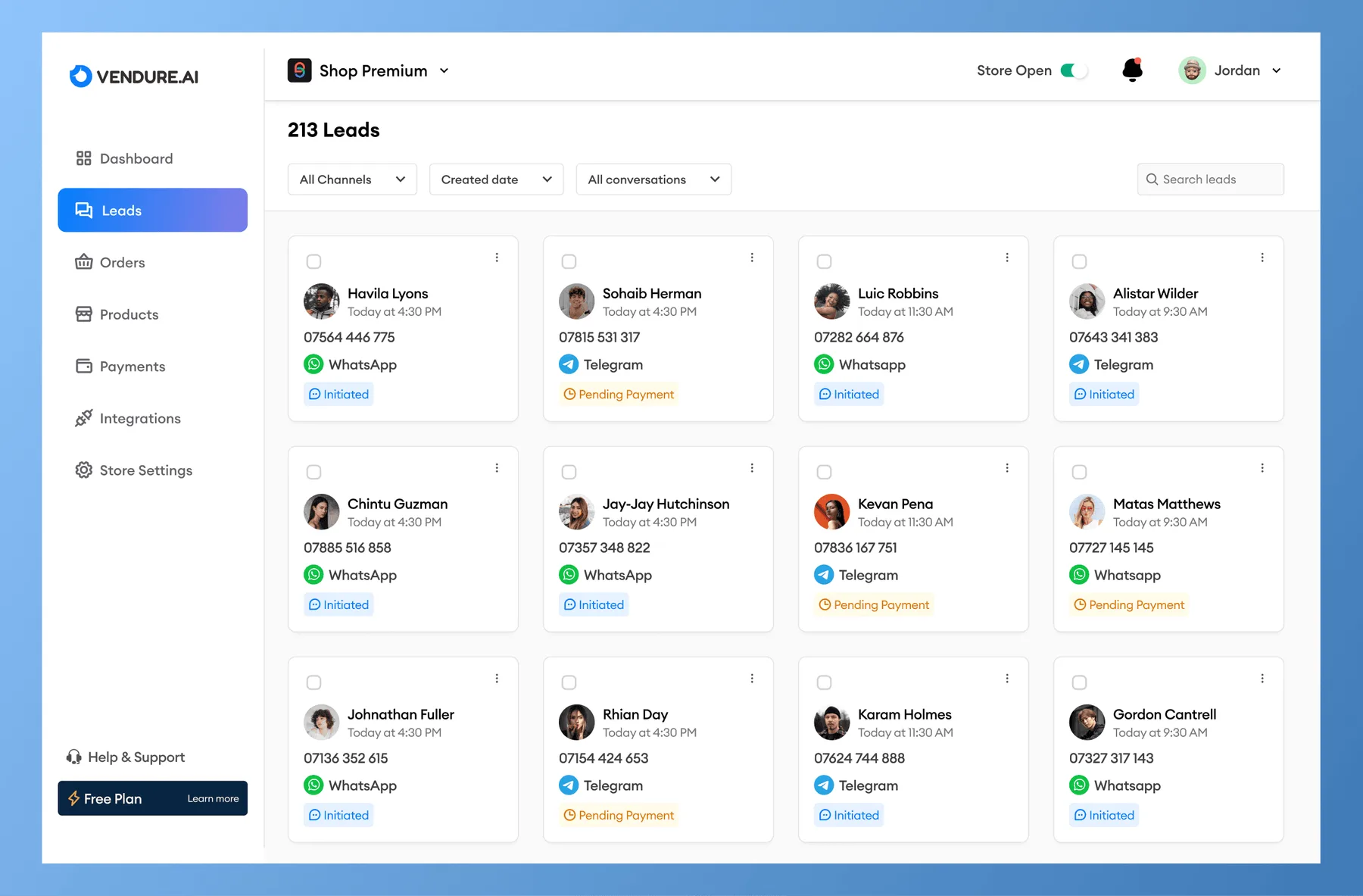 Leads workspace listing customers with their channel and lead status