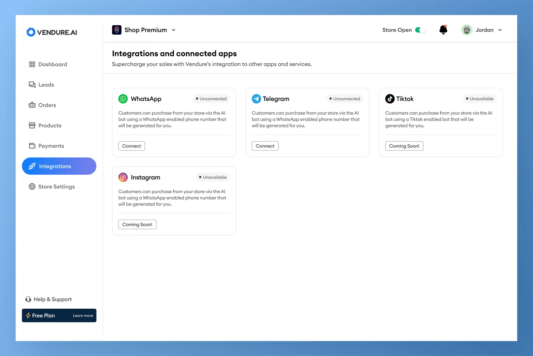 Integrations page listing WhatsApp, Telegram, TikTok and Instagram