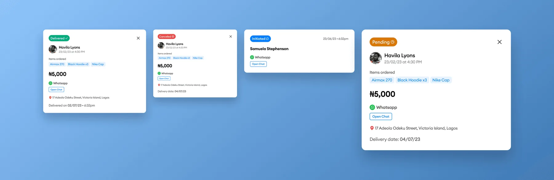 Order cards in different status states