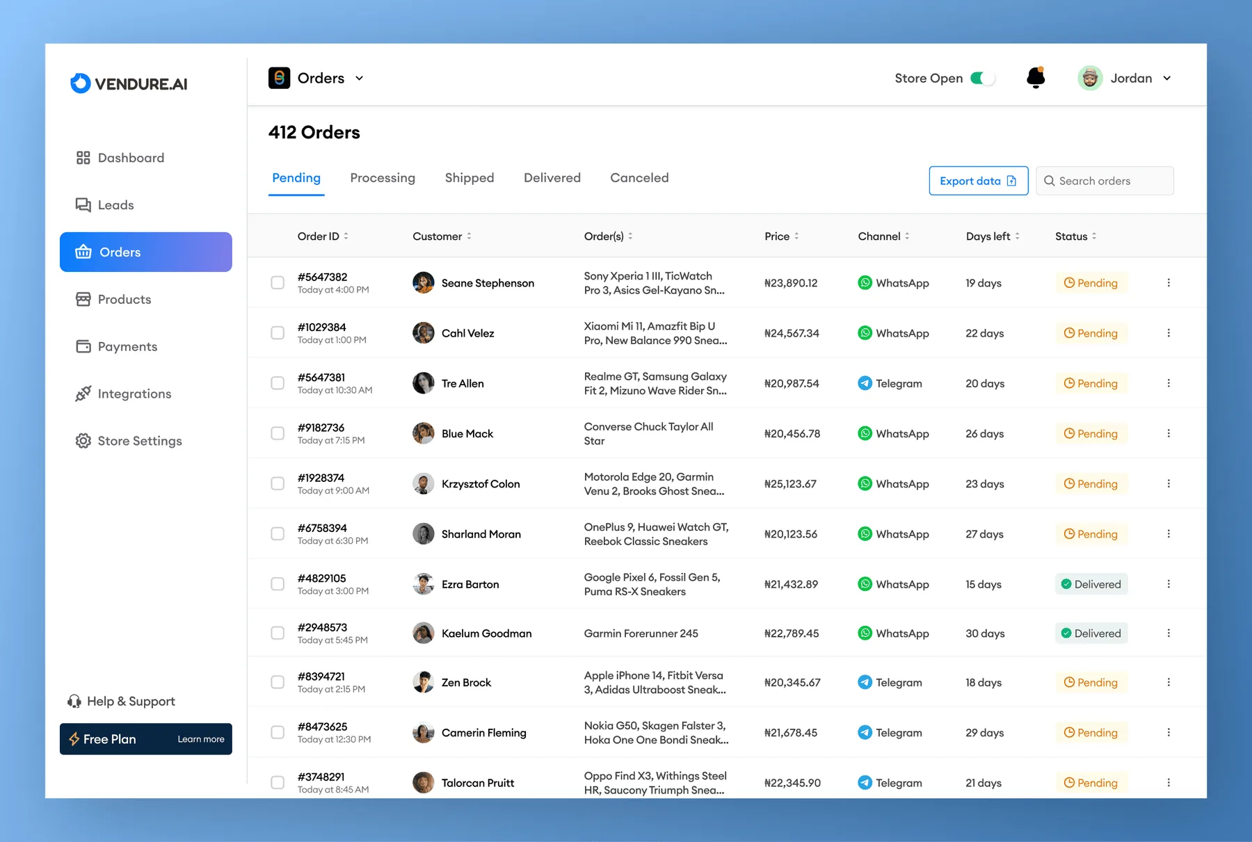 Orders page listing orders with customer, items, channel and status