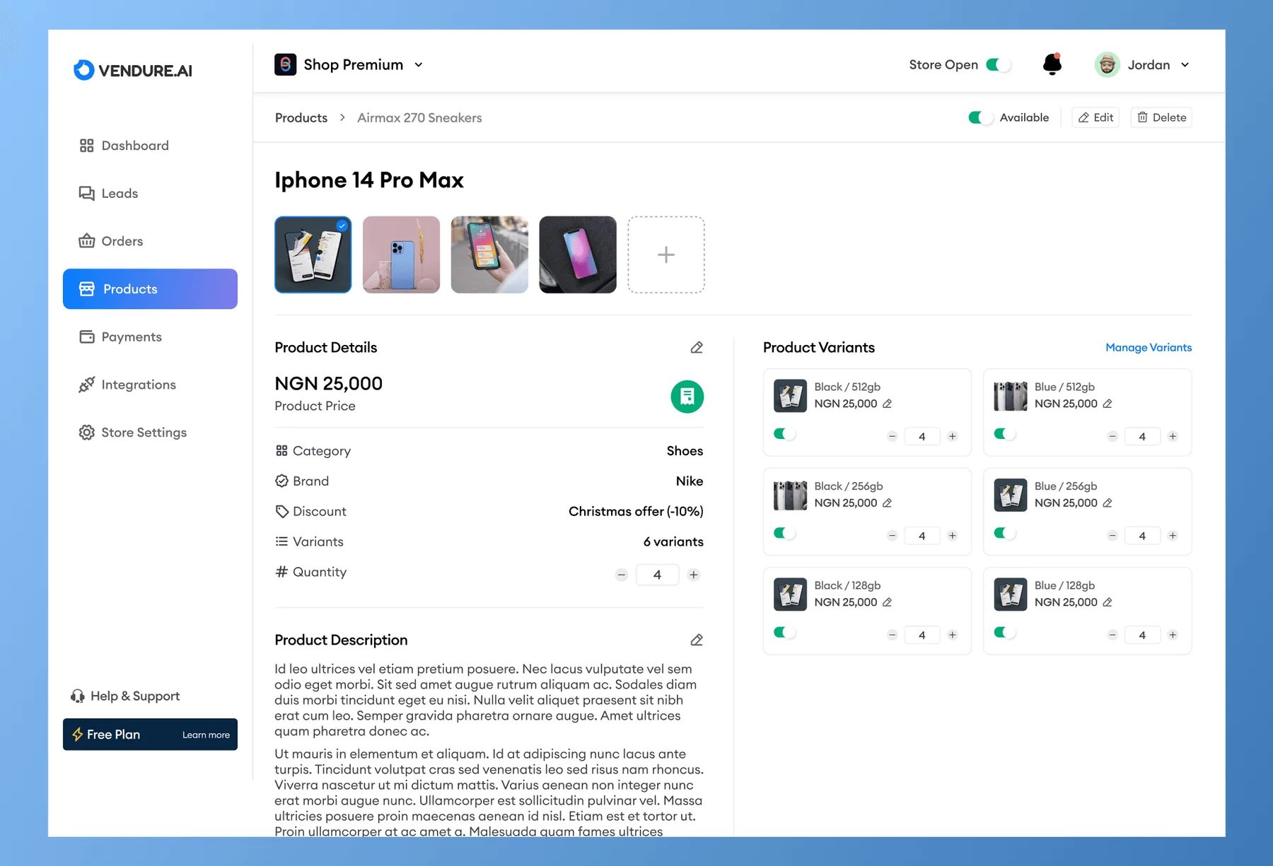 Product details page with variants and pricing